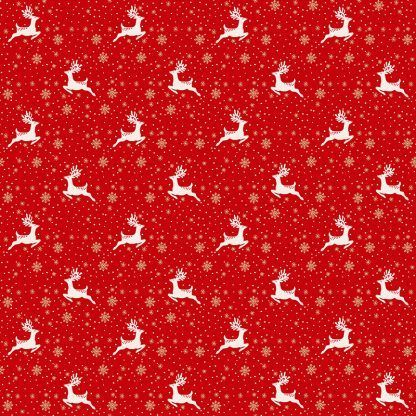 Makower 2021 Scandi Christmas Fabric Red Background with White Reindeer and Gold Metallic Snowflakes Bright Quilting