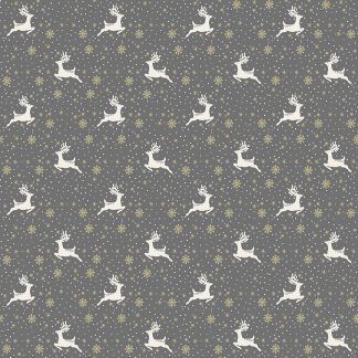 Makower 2021 Scandi Christmas Fabric Grey Background with White Reindeer and Gold Metallic Snowflakes Bright Quilting