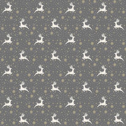 Makower 2021 Scandi Christmas Fabric Grey Background with White Reindeer and Gold Metallic Snowflakes Bright Quilting