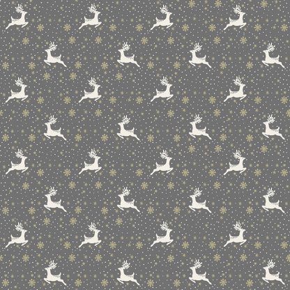 Makower 2021 Scandi Christmas Fabric Grey Background with White Reindeer and Gold Metallic Snowflakes Bright Quilting