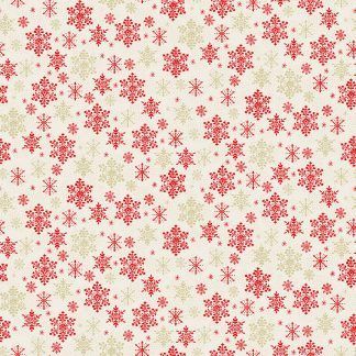 Makower 2021 Scandi Christmas Fabric Cream Background with Red and Gold Metallic Snowflakes Bright Quilting