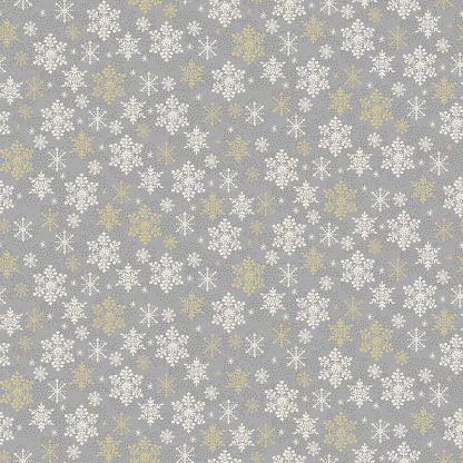 Makower 2021 Scandi Christmas Fabric Grey Background with White and Gold Metallic Snowflakes Bright Quilting