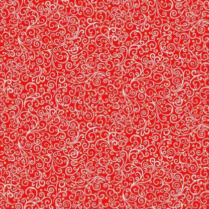 Makower 2021 Scandi Christmas Fabric Red Background with White Scrolls and Gold Metallic Stars Bright Quilting