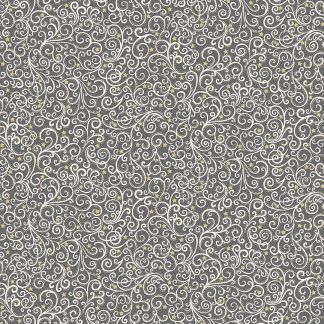 Makower 2021 Scandi Christmas Fabric Grey Background with White Scrolls and Gold Metallic Stars Bright Quilting