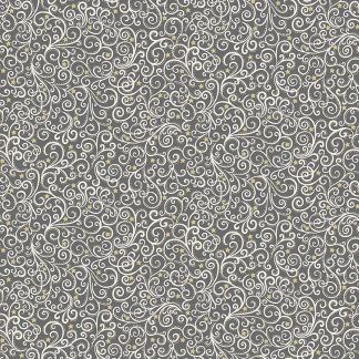 Makower 2021 Scandi Christmas Fabric Grey Background with White Scrolls and Gold Metallic Stars Bright Quilting