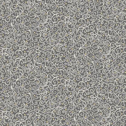 Makower 2021 Scandi Christmas Fabric Grey Background with White Scrolls and Gold Metallic Stars Bright Quilting
