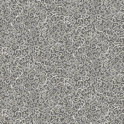 Makower 2021 Scandi Christmas Fabric Grey Background with White Scrolls and Gold Metallic Stars Bright Quilting