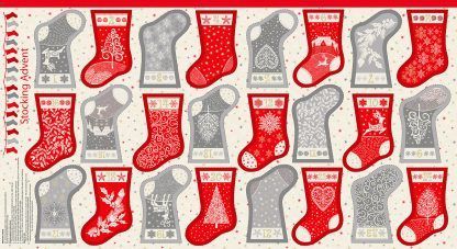Makower 2021 Scandi Christmas Fabric Panel Mini Stockings Advent Calendar Cream, Grey Red and Metallic Gold Bright Quilting