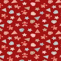 Lewis and Irene Gingerbread Season Fabric C88.2 Red, cream and blue Gingerbread men, stars and trees on a red background Bright Quilting