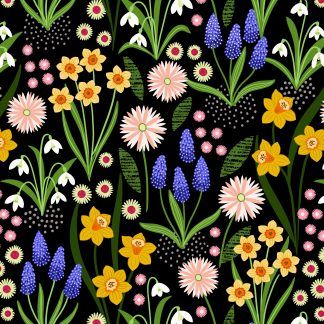 Lewis and Irene Spring Flowers Range Spring Flowers on Black Bright Quilting