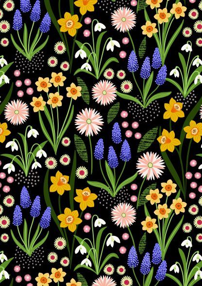 Lewis and Irene Spring Flowers Range Spring Flowers on Black Bright Quilting