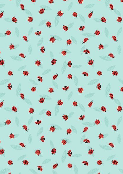 Lewis and Irene Spring Flowers Range Ladybirds on Light Aqua Bright Quilting