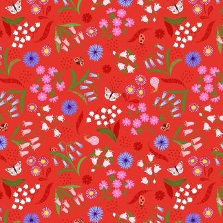 Lewis and Irene Spring Flowers Range Bell Flowers on Red Bright Quilting