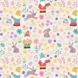 Lewis and Irene Spring Treats Range Spring gnomes and Rabbits on cream background Bright Quilting