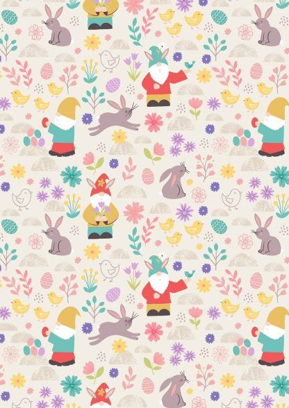 Lewis and Irene Spring Treats Range Spring gnomes and Rabbits on cream background Bright Quilting