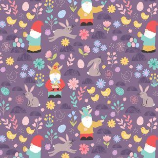 Lewis and Irene Spring Treats Range Spring gnomes and Rabbits on deep lavender background Bright Quilting