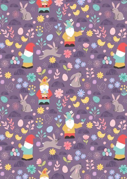 Lewis and Irene Spring Treats Range Spring gnomes and Rabbits on deep lavender background Bright Quilting