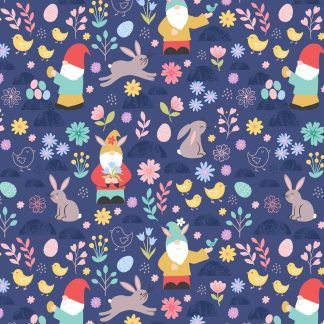 Lewis and Irene Spring Treats Range Spring gnomes and Rabbits on deep blue background Bright Quilting