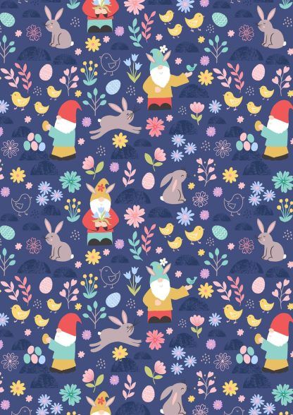 Lewis and Irene Spring Treats Range Spring gnomes and Rabbits on deep blue background Bright Quilting
