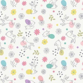 Lewis and Irene Spring Treats Range Chicks and Bunnies on a cream background Bright Quilting