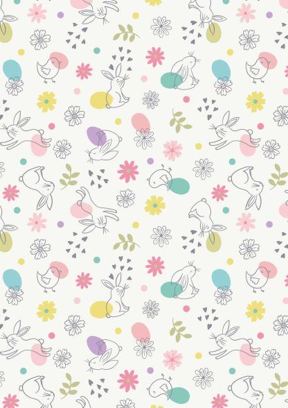 Lewis and Irene Spring Treats Range Chicks and Bunnies on a cream background Bright Quilting