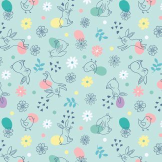 Lewis and Irene Spring Treats Range Chicks and Bunnies on a pale blue background Bright Quilting