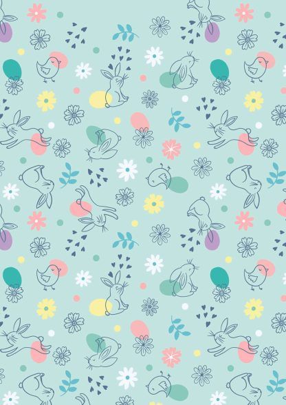 Lewis and Irene Spring Treats Range Chicks and Bunnies on a pale blue background Bright Quilting