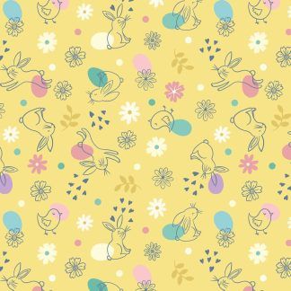 Lewis and Irene Spring Treats Range Chicks and Bunnies on a pale yellow background Bright Quilting