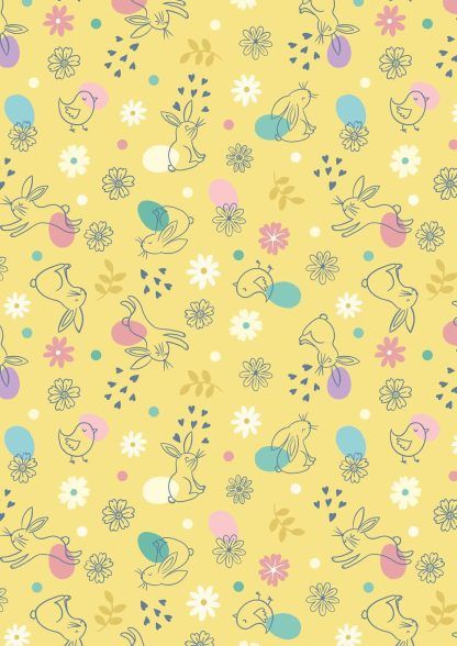 Lewis and Irene Spring Treats Range Chicks and Bunnies on a pale yellow background Bright Quilting