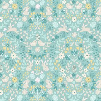 Lewis and Irene Spring Treats Range Chicks and Bunnies on a pale duck egg blue/green background Bright Quilting