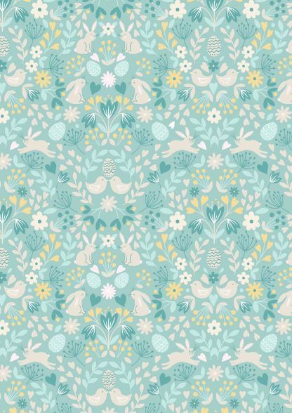 Lewis and Irene Spring Treats Range Chicks and Bunnies on a pale duck egg blue/green background Bright Quilting