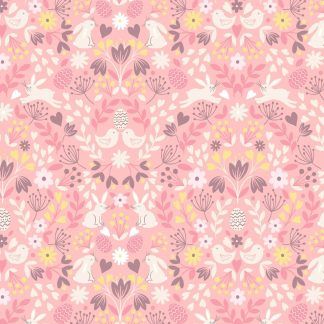 Lewis and Irene Spring Treats Range Chicks and Bunnies on a pale warm pink background Bright Quilting