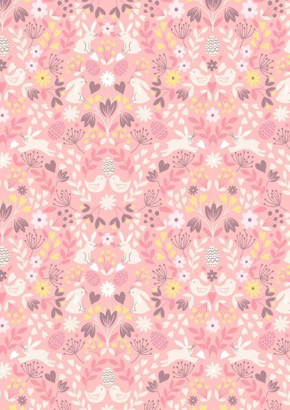 Lewis and Irene Spring Treats Range Chicks and Bunnies on a pale warm pink background Bright Quilting