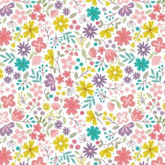 Lewis and Irene Spring Treats Range Multiple coloured flowers on a cream background Bright Quilting