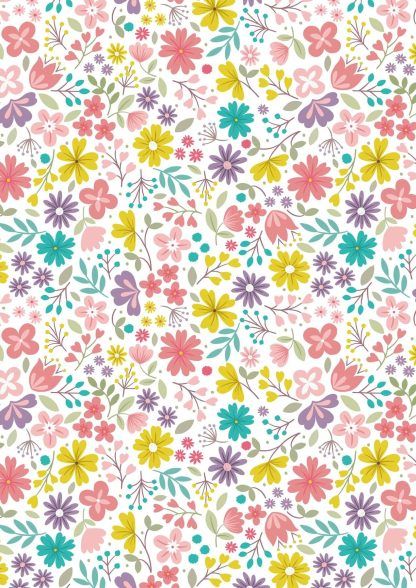 Lewis and Irene Spring Treats Range Multiple coloured flowers on a cream background Bright Quilting