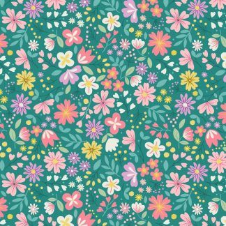 Lewis and Irene Spring Treats Range Multiple coloured flowers on a mid green background Bright Quilting