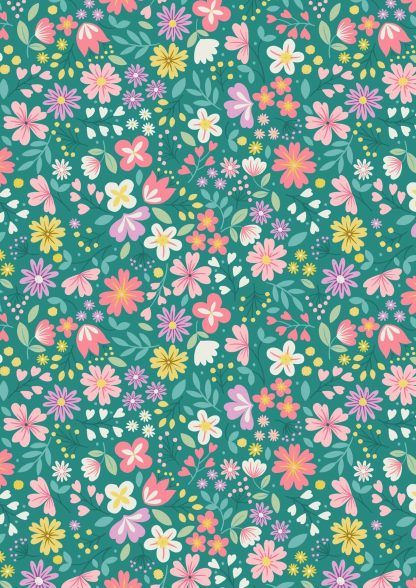 Lewis and Irene Spring Treats Range Multiple coloured flowers on a mid green background Bright Quilting