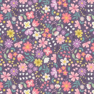 Lewis and Irene Spring Treats Range Multiple coloured flowers on a deep violet/purple background Bright Quilting