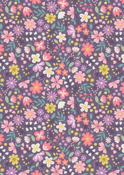 Lewis and Irene Spring Treats Range Multiple coloured flowers on a deep violet/purple background Bright Quilting