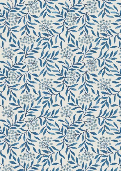 Lewis and Irene Brensham Mid blue floral leaves on deep cream background Bright Quilting