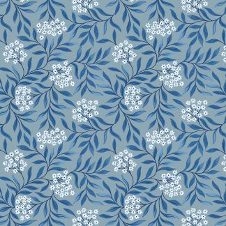Lewis and Irene Brensham Mid blue floral leaves on grey blue background Bright Quilting