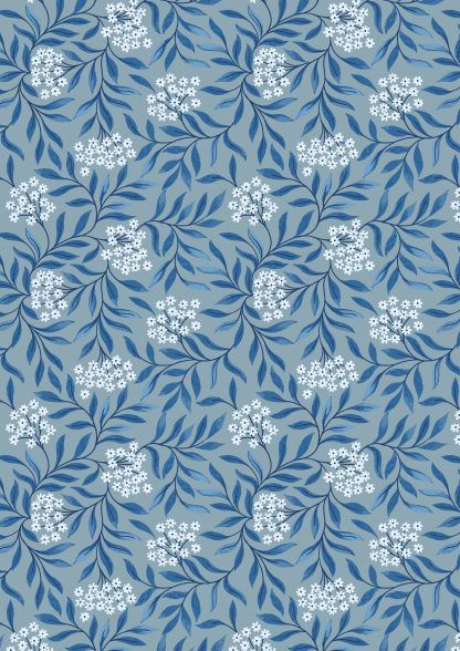 Lewis and Irene Brensham Mid blue floral leaves on grey blue background Bright Quilting