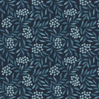 Lewis and Irene Brensham Mid blue floral leaves on dark blue background Bright Quilting