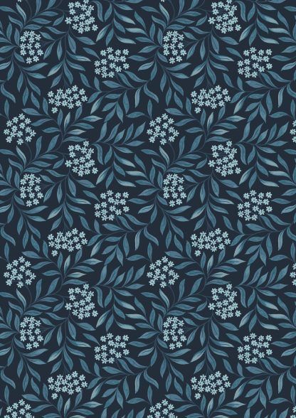 Lewis and Irene Brensham Mid blue floral leaves on dark blue background Bright Quilting