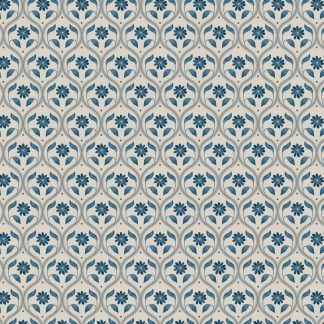 Lewis and Irene Brensham Mid blue floral trellis on deep cream background Bright Quilting